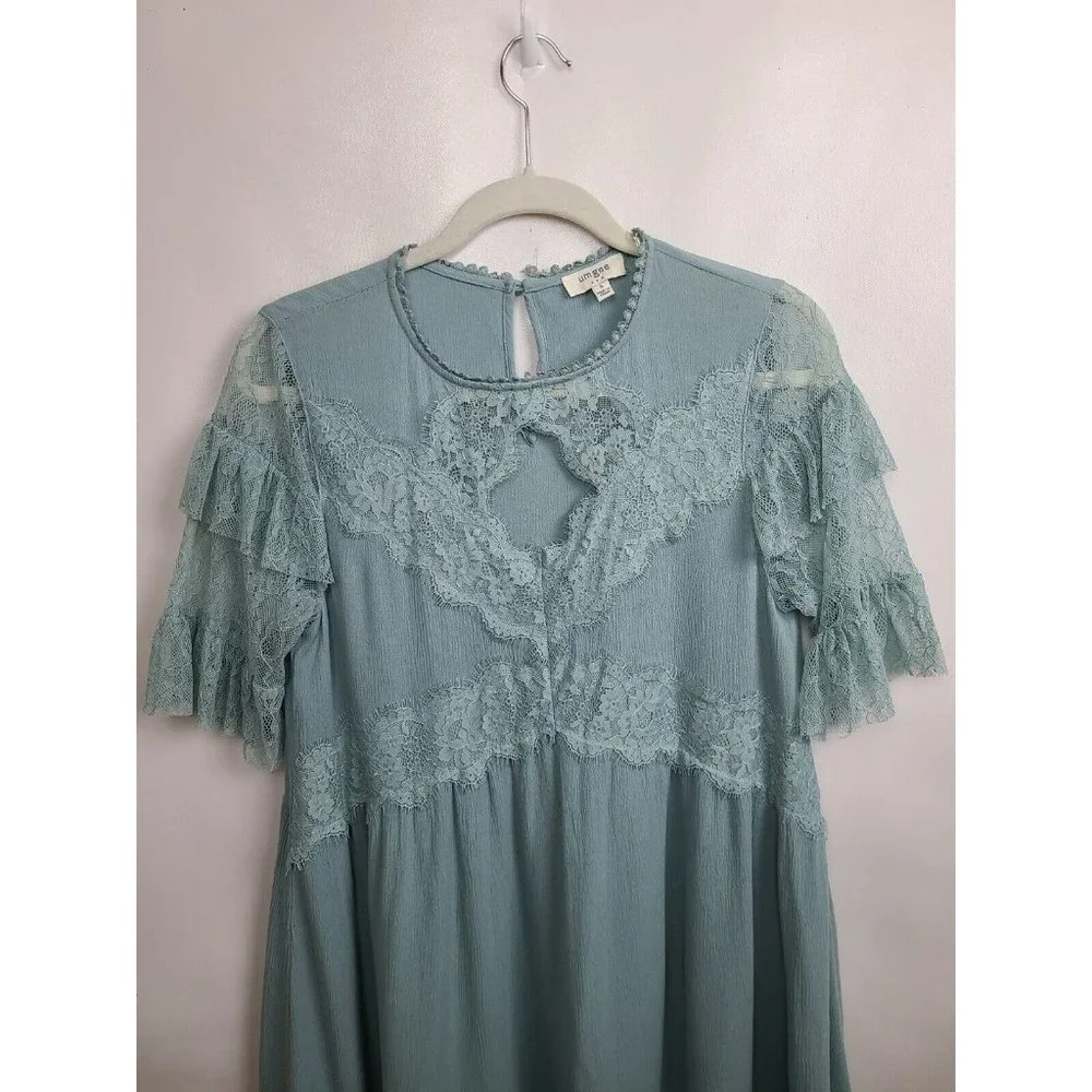 Umgee Mint Green Lace Ruffle Short Sleeve Mini BOHO Dress Size Small - Picture 2 of 9
